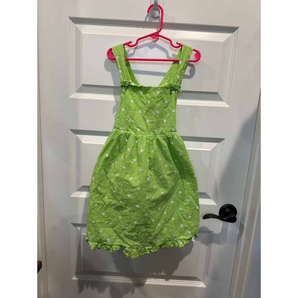 EttaVee Girls Green Polka Dot Ruffle Overall Dress Size 8 Bright Cotton Textured